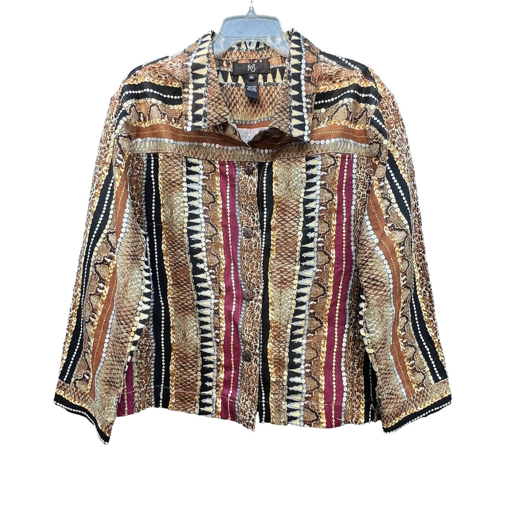 Sequined Jacket Womens PXL Multicolor Cropped Animal Print Linen Sequin Mature